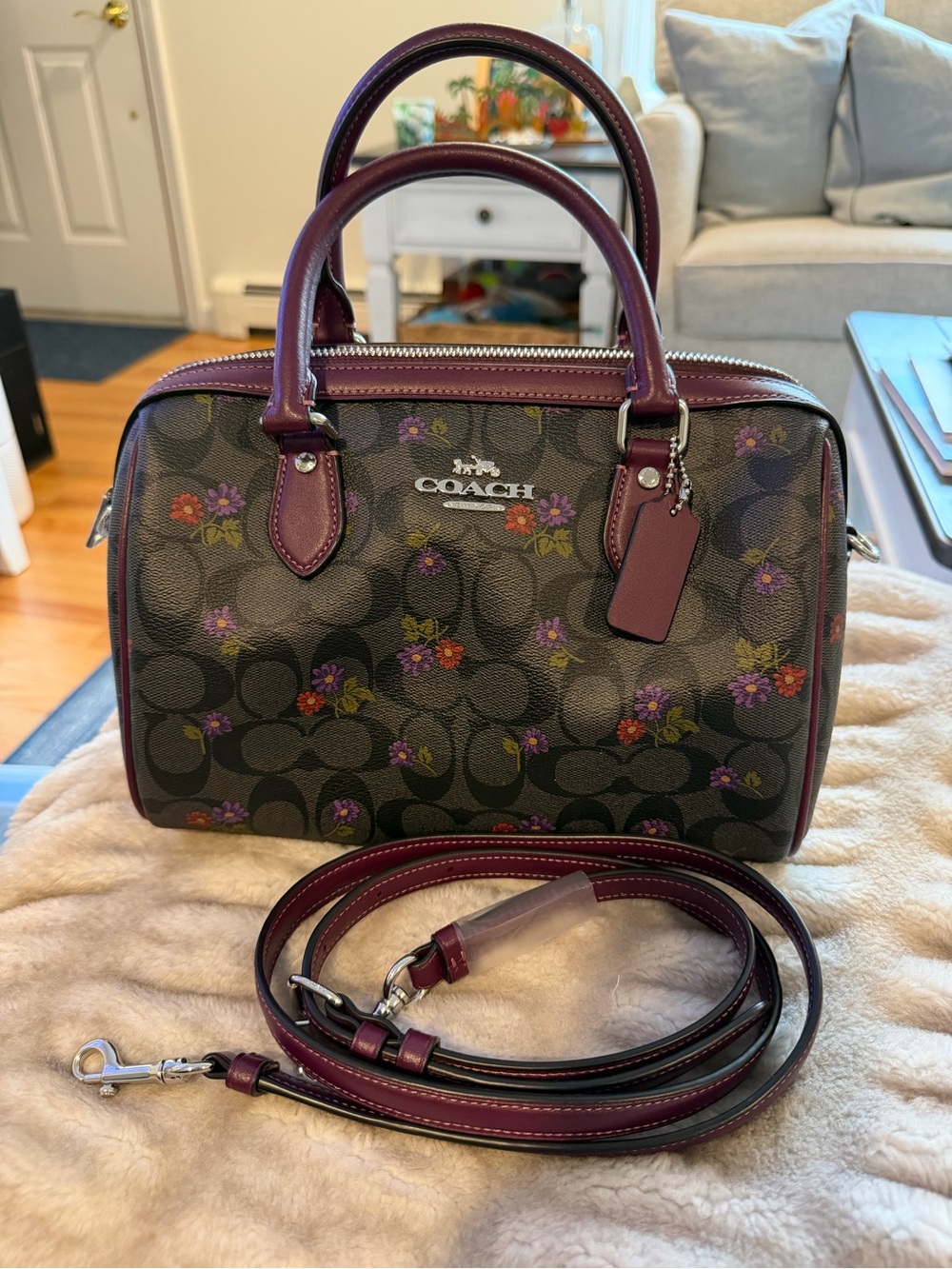 COACH Floral Signature Satchel in Plum Trim and Brown Canvas